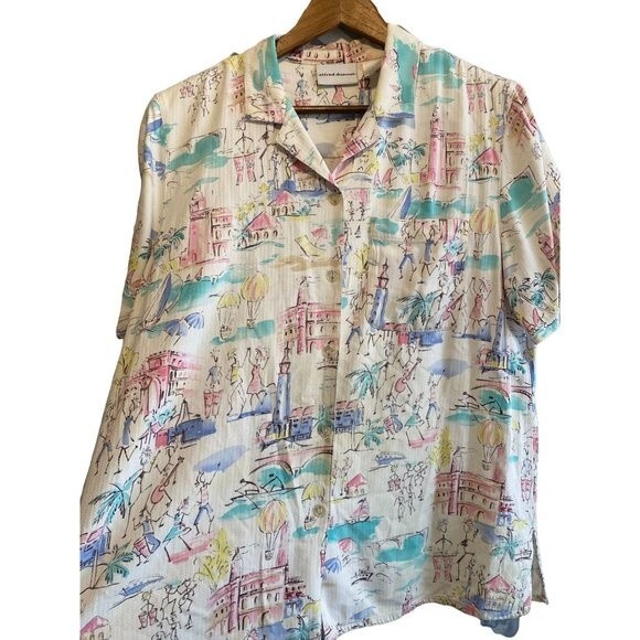 Pastel print button down shirt size 14 Retro Beach Eighties vacation fun comfy - Picture 2 of 7